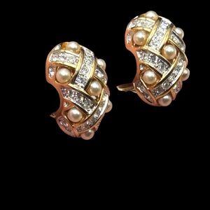 Vintage Carolee Half Hoop Pearl Rhinestone Earrings